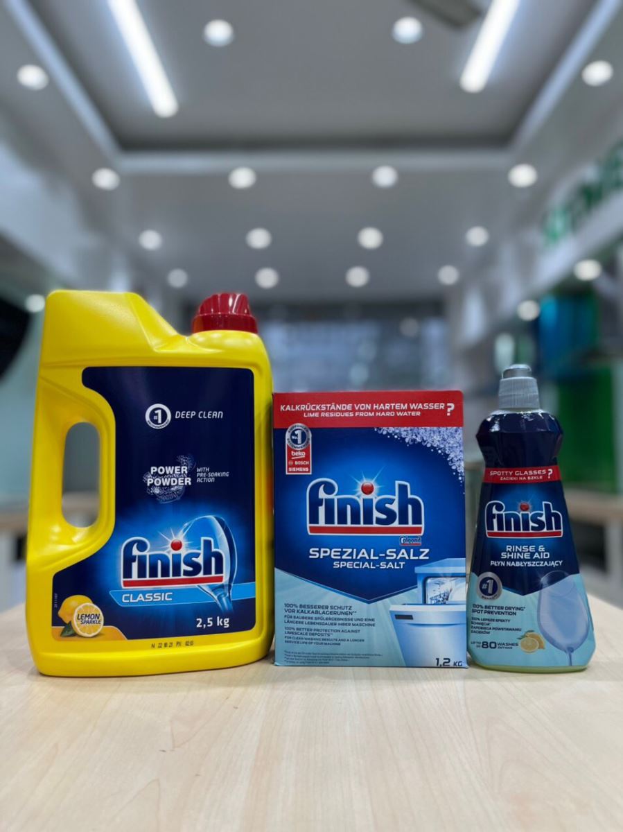 Combo: Bột rửa bát Finish 2.5kg + Muối Finish 1.2kg + Nước làm bóng Finish 400ml